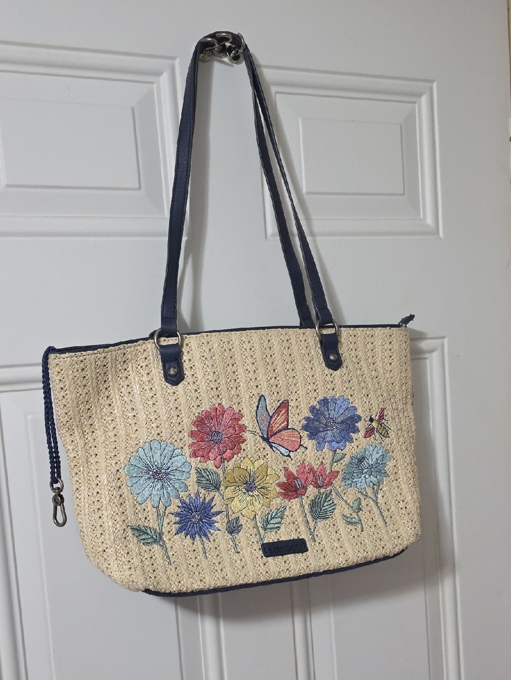 Sak Roots Embroidered Floral Straw Tote Bag in Natural with Navy Trim
